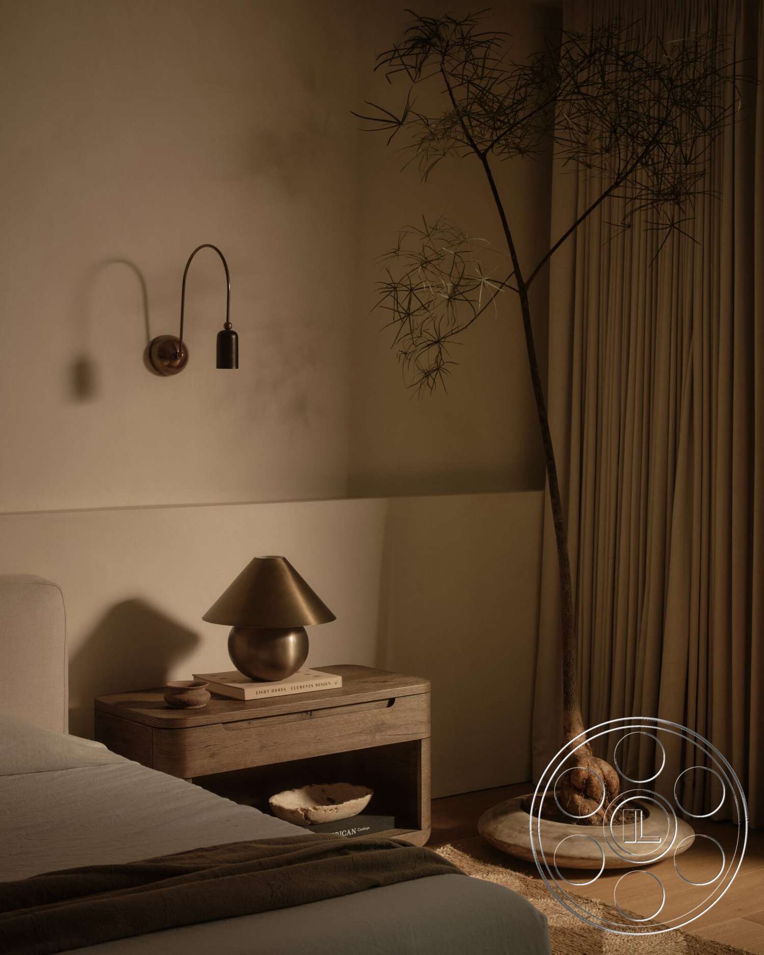Modern 531 - soft bedding, floor-to-ceiling curtains, woven area rug, textured plaster walls, indoor potted tree, wood nightstand with open shelf, bronze table lamp, neutral bedroom color palette