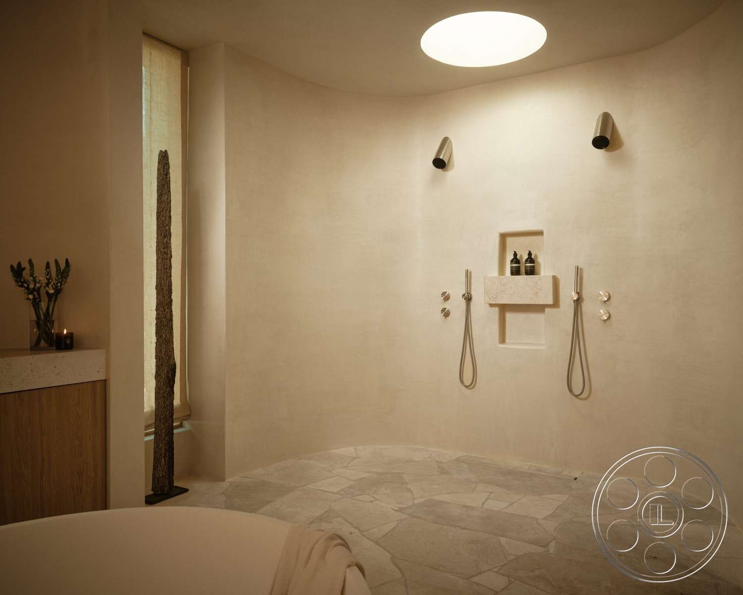 Modern 531 - minimalist design, natural stone flooring, soft natural lighting, textured plaster walls, wood vanity with natural finish, rounded wall shapes, built-in stone shelf, matte metal shower fixtures, tall vertical window