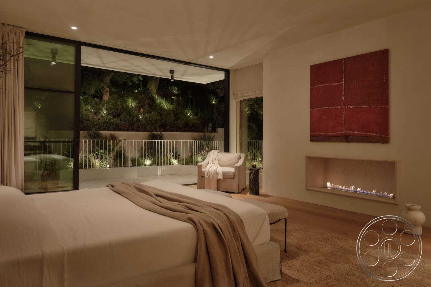 Modern 531 - neutral color palette, abstract wall art, floor-to-ceiling windows, textured plaster walls, cozy reading nook, light-colored furniture, soft throw blanket, hardwood bedroom floors, outdoor balcony view, minimalist bedding, contemporary wall fireplace, natural fabric curtains, living green wall