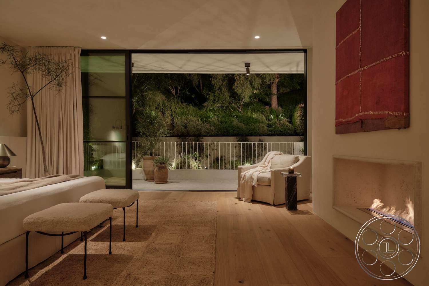 Modern 531 - textured area rug, open floor plan, potted plants, sliding glass doors, built-in shelving, floor-to-ceiling windows, natural greenery view, modern armchair, contemporary art piece, hardwood bedroom floors, wood beam ceiling, light-colored plaster walls, minimalist fireplace