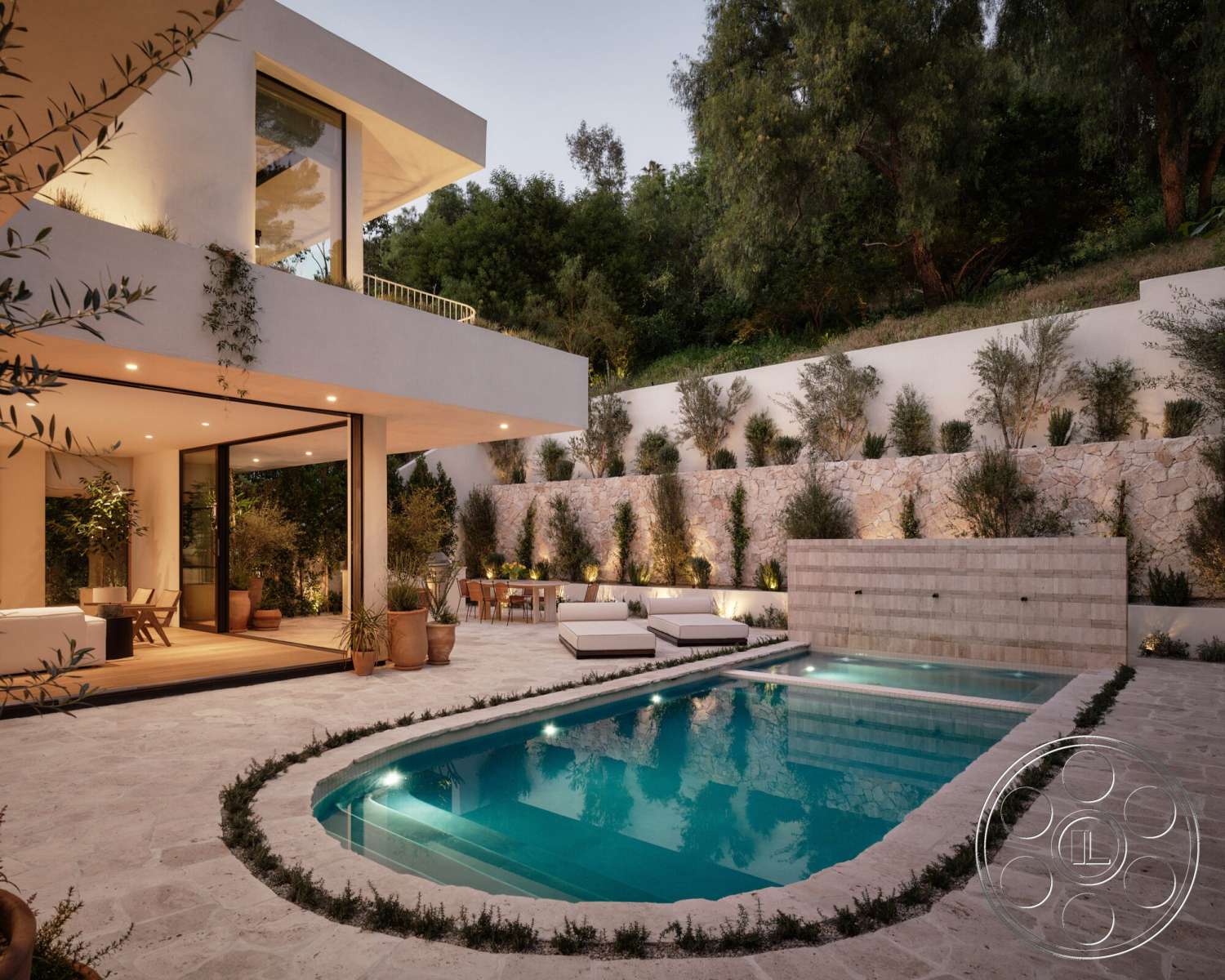 Modern 531 - exterior, surrounding greenery, concrete walls, rectangular swimming pool, outdoor dining area, modern home, garden planters, soft landscape lighting, wooden deck area, minimalist architectural style, built-in seating area, natural stone pool deck, landscaped garden with shrubs, large floor-to-ceiling glass windows, exposed concrete patio flooring, outdoor lounge furniture, light-colored stone feature wall, sloped location