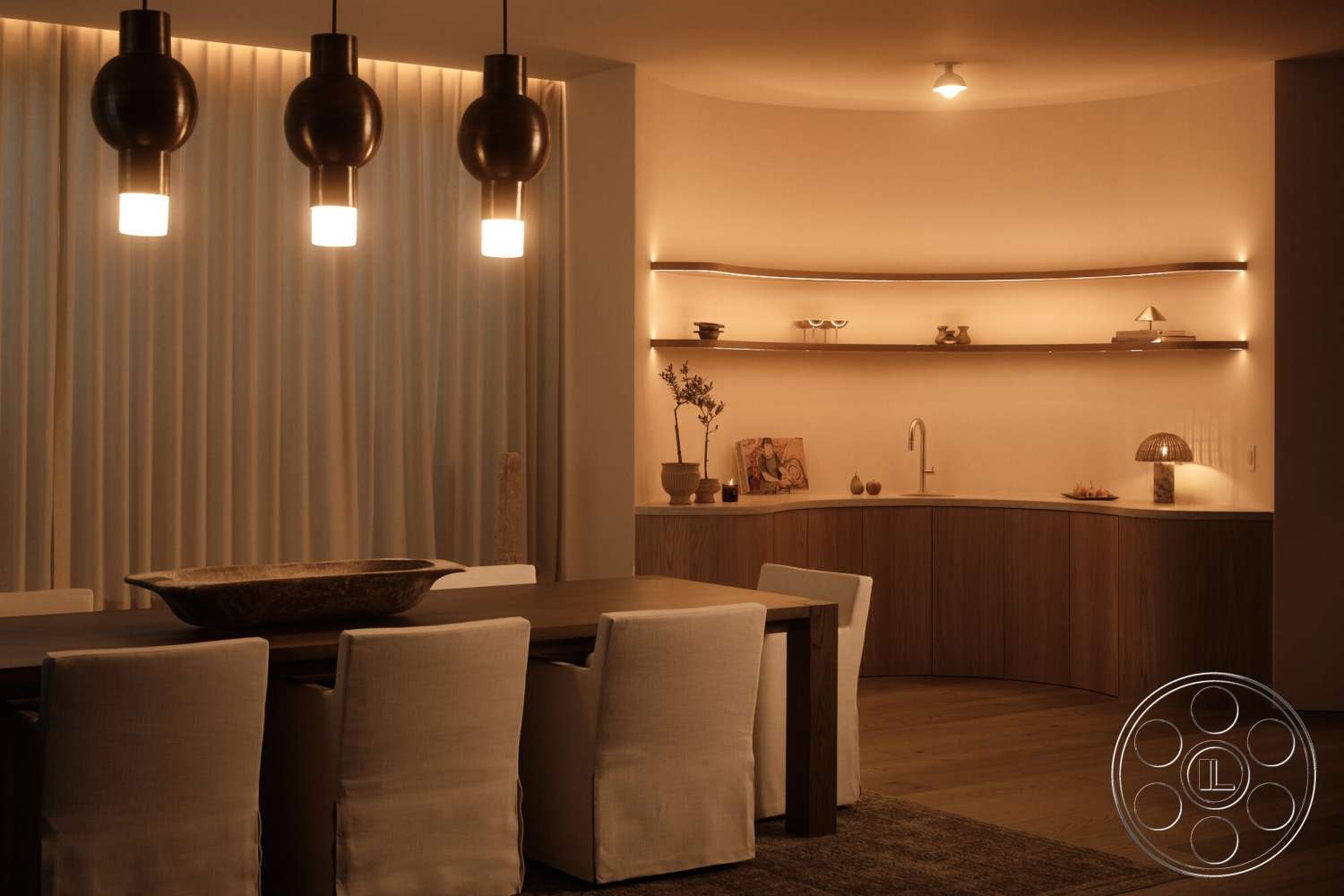Modern 531 - minimalist decor, hardwood flooring, upholstered dining chairs, pendant lighting fixtures, walnut dining table, stone kitchen backsplash, wooden floating shelves, curved kitchen countertop, textured curtain wall, modern ambient lighting