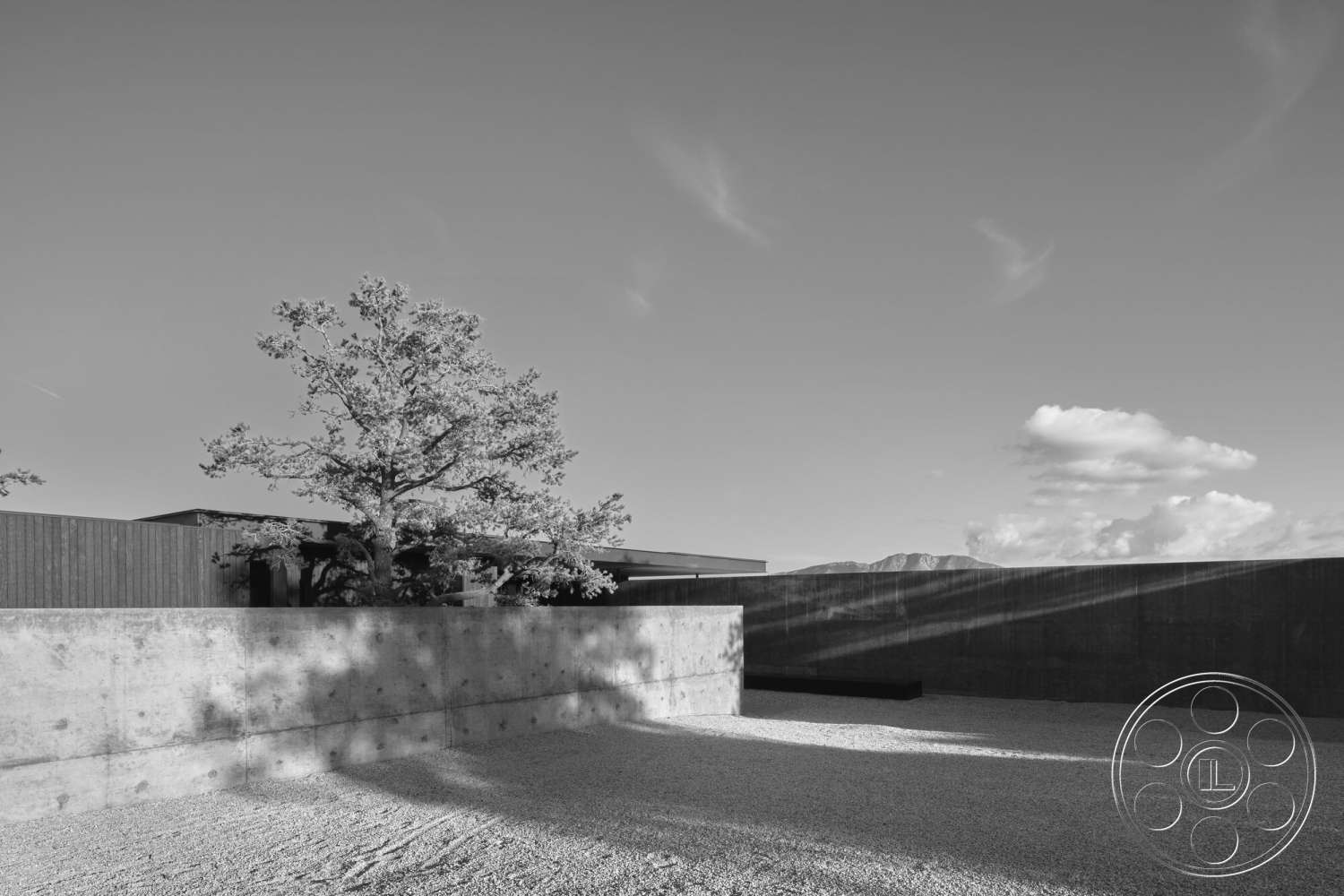 Palm Springs 110 - exterior, open space layout, minimalist design elements, concrete walls, modern architectural style, gravel landscaping, flat roof design, tree focal point, shadow play on walls