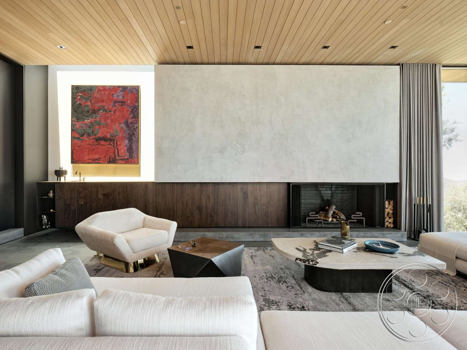 Palm Springs 110 - dark wood cabinetry, textured area rug, abstract wall art, wood panel ceiling, floor-to-ceiling windows, geometric coffee table, concrete feature wall, white upholstered sectional sofa, modern fireplace design, plush accent chair, curtains with a soft drape