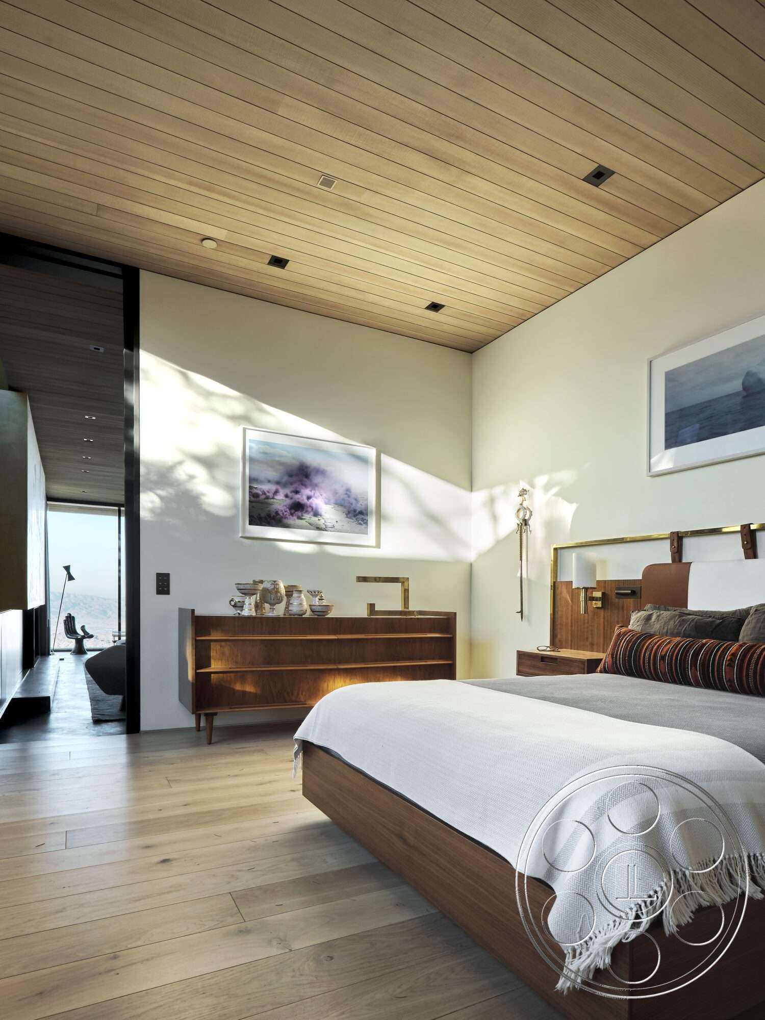 Palm Springs 110 - minimalist decor, light wood flooring, modern art wall decor, floor-to-ceiling windows, textured throw blanket, wood plank ceiling, contemporary bedside lamps, plaid accent pillows, walnut bedroom furniture