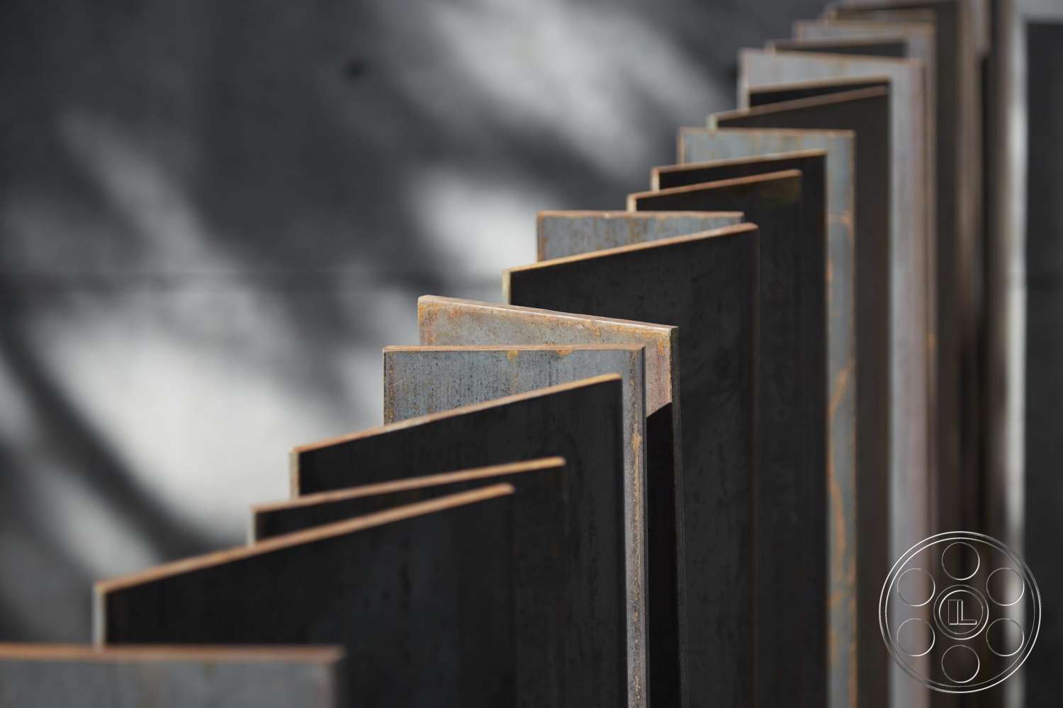 Palm Springs 110 - sharp geometric lines, modern architectural elements, industrial exterior, weathered steel panels, rectangular steel shapes, textured surface details, rustic metal finish