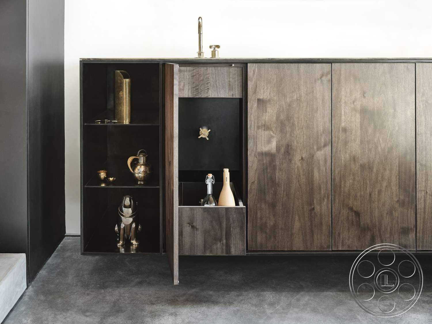 Palm Springs 110 - dark wood cabinetry, minimalist design, concrete floor, stainless steel kitchen faucet, exposed shelving units, open storage compartments, textured finish on wood panels