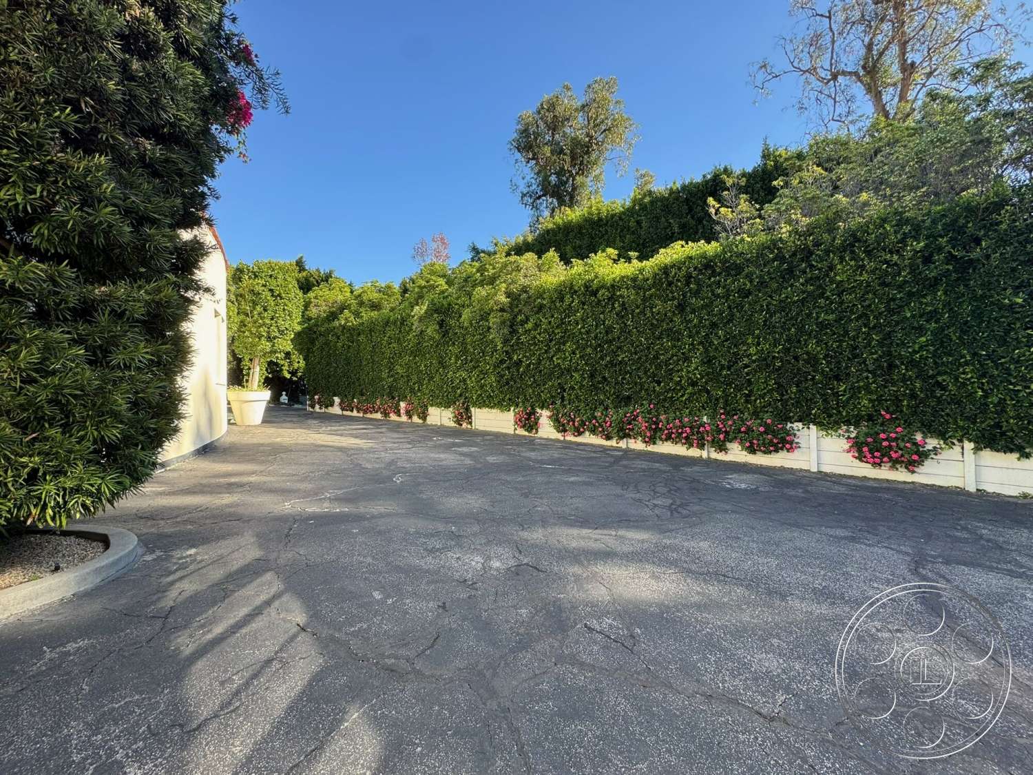 The Hearst House - asphalt driveway, tropical foliage, outdoor setting, suburban driveway, lush hedgerow landscaping, flower bed with colorful blooms, exterior wall with white paint, exterior planting pots