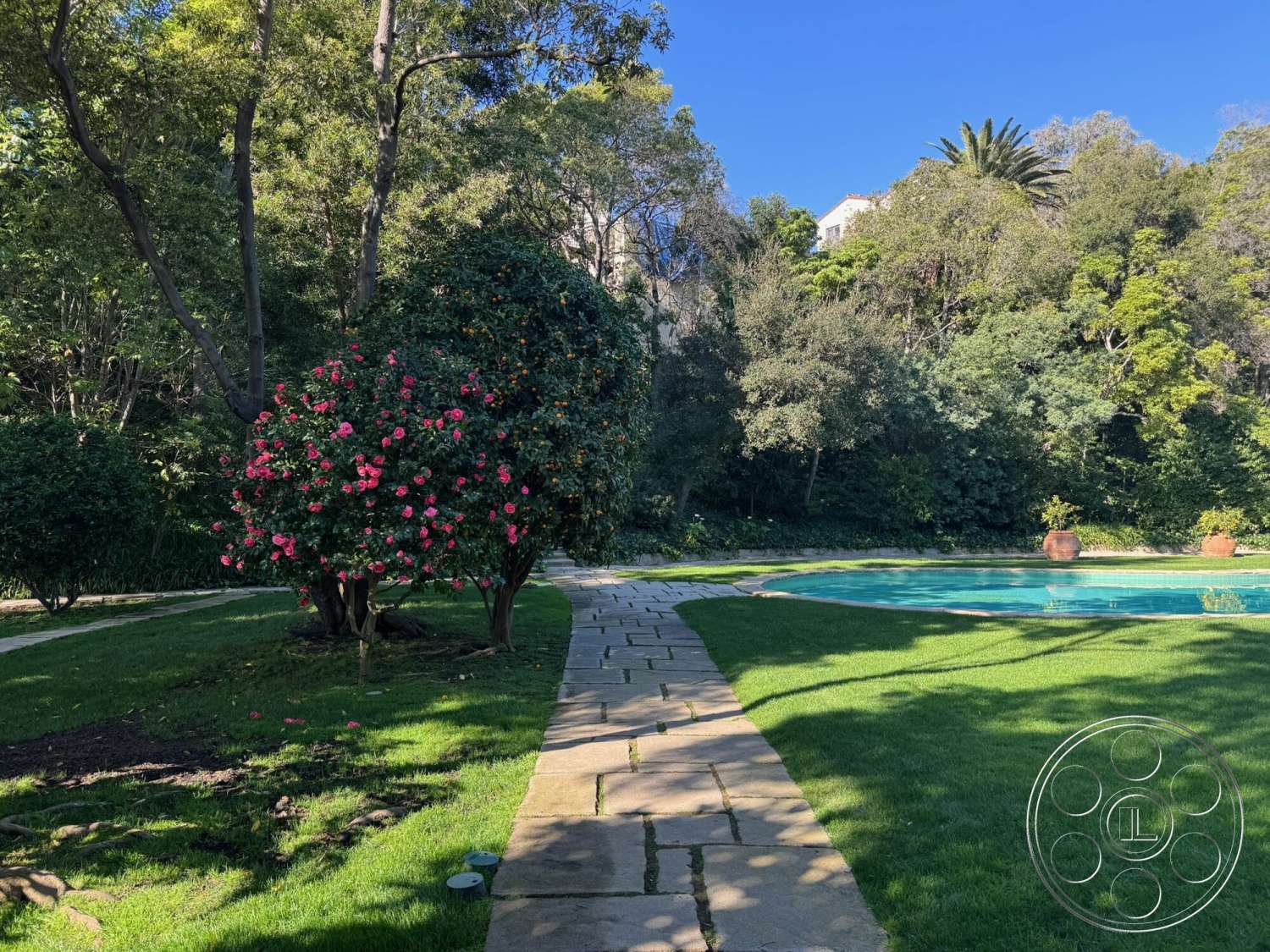 The Hearst House - exterior, landscaped garden, tropical plants, rectangular swimming pool, lush green lawn, stone walkway, tall trees, natural foliage, flowering shrubbery, shaped stone patio
