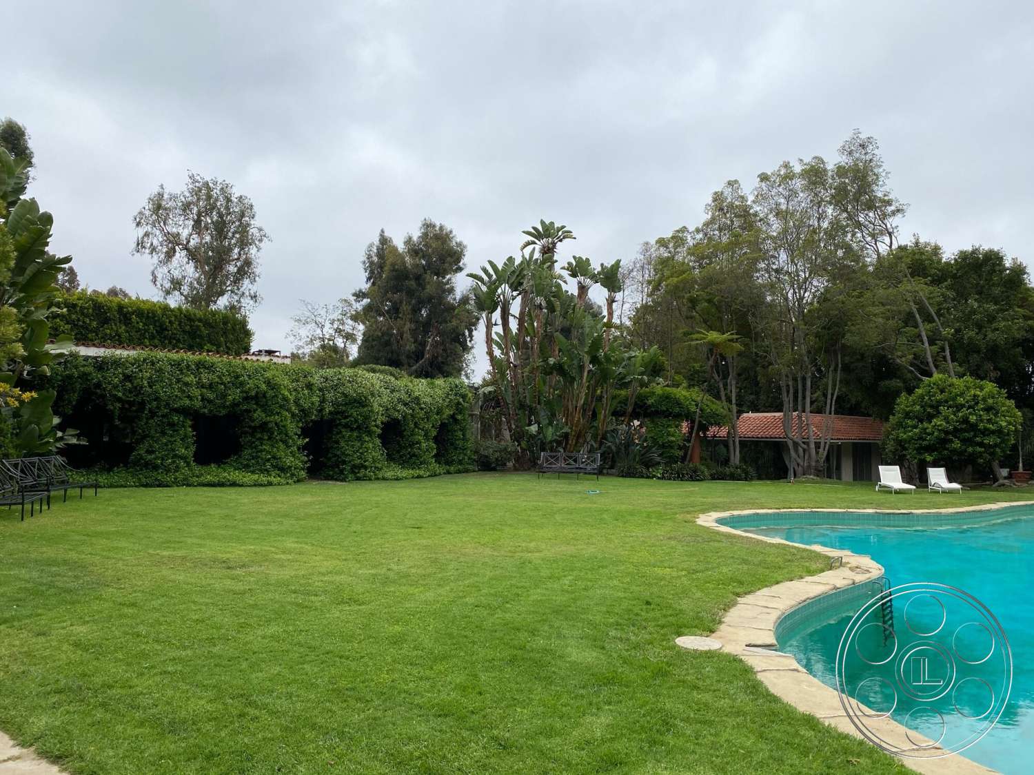 The Hearst House - exterior, concrete pathway, lush green lawn, outdoor lounge chairs, hedge privacy wall, stone pool border, tropical landscaping with palm trees, overcast sky, swimming pool with curved edge, brick garden shed