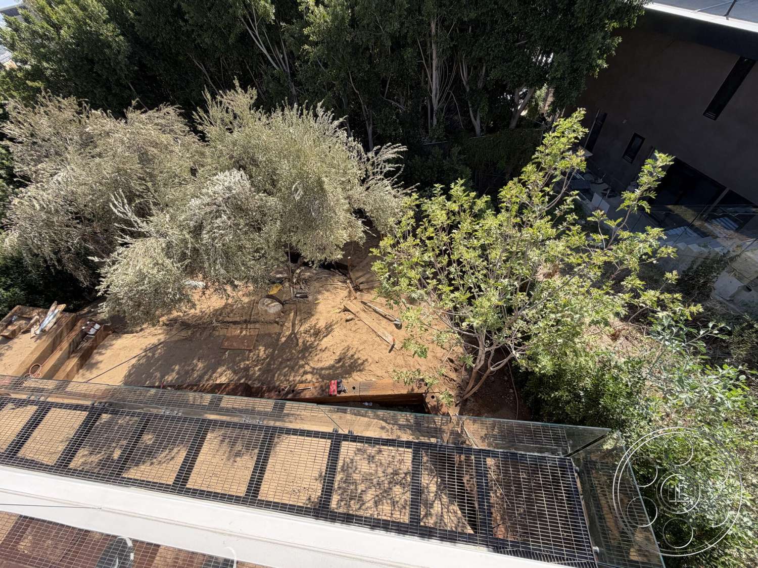Modern 532 - exterior, modern architecture, natural lighting, metal railing, urban setting, gravel walkway, flat roof design, landscaped garden area, concrete patio flooring, wooden deck area, mature olive trees