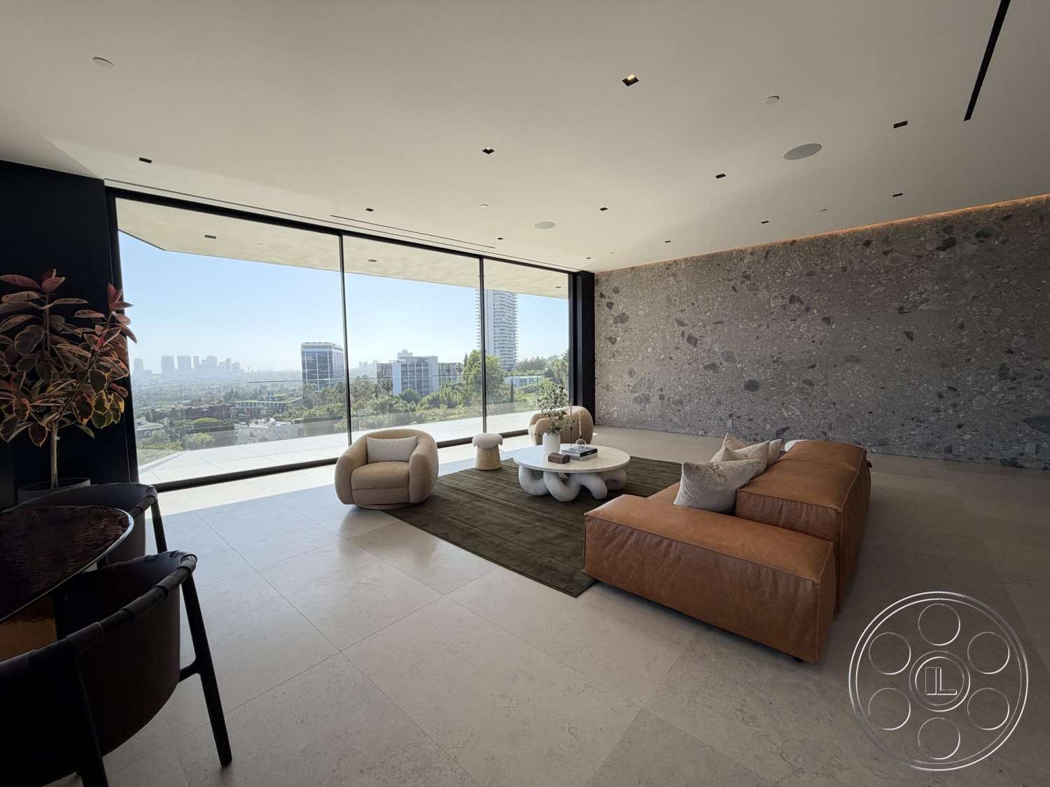 Modern 532 - minimalist decor, neutral color palette, recessed lighting, exterior, floor-to-ceiling windows, soft area rug, urban skyline view, indoor greenery, textured wall treatment, polished concrete surfaces, stone feature wall, contemporary coffee table, light-colored stone flooring, open-concept living area, modern leather sectional sofa