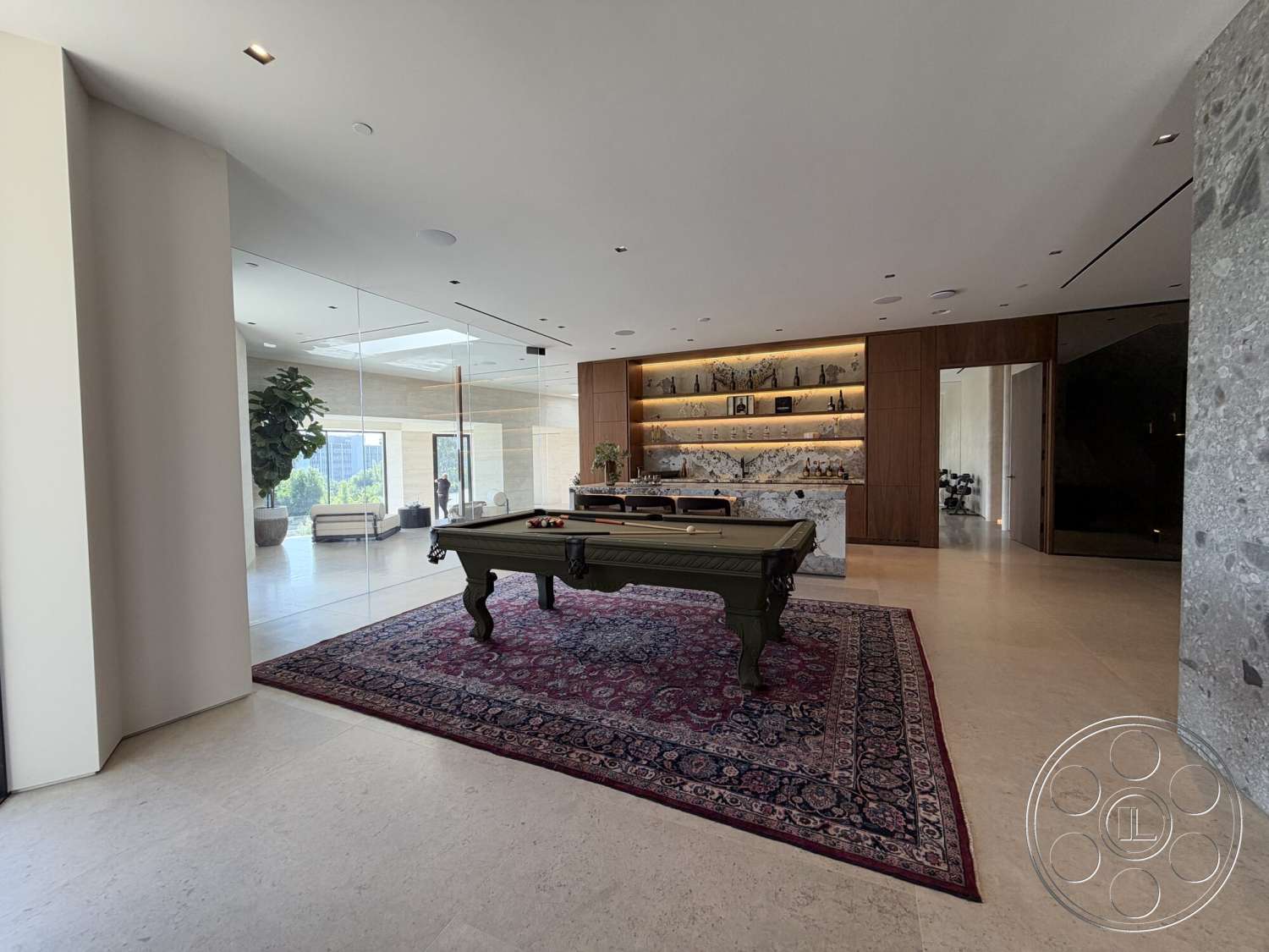 Modern 532 - contemporary design, open layout, interior space, minimalistic decor, floor-to-ceiling windows, natural stone flooring, wood accent wall, polished marble floor, traditional area rug, built-in shelving unit, glass wall partition, recessed LED lighting, indoor plant feature, textured marble feature wall, billiard table, indoor entertaining area