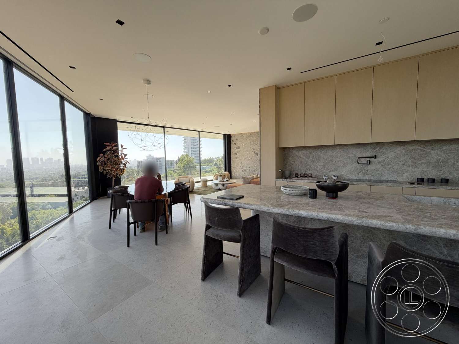 Modern 532 - concrete flooring, minimalist design elements, modern pendant lighting, light wood cabinetry, floor-to-ceiling windows, panoramic city view, textured wall treatment, contemporary aesthetic, stylish dining chairs, open-concept layout, stone kitchen countertops, natural light brightening the space, geometric dining area chandelier, large circular dining table, clean lines and sleek surfaces