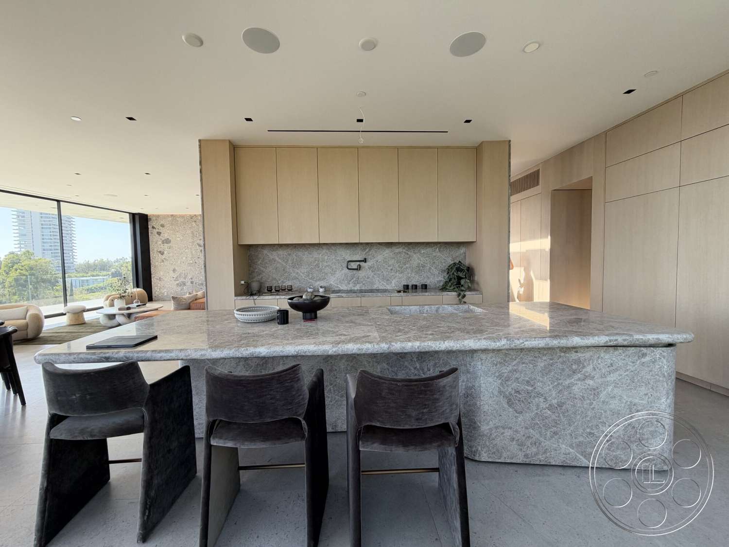 Modern 532 - minimalist decor, neutral color palette, contemporary design, open floor plan, light wood cabinetry, floor-to-ceiling windows, modern dining chairs, recessed ceiling lighting, marble kitchen island, textured stone accent wall, smooth plaster walls, spacious kitchen area, elegant countertop finishes