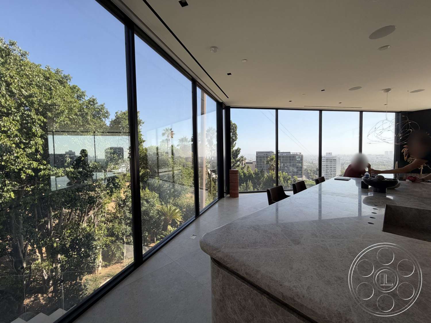Modern 532 - minimalist decor, modern pendant lighting, urban skyline view, polished stone flooring, open concept living space, lush garden view, granite kitchen countertop, contemporary kitchen design, floor-to-ceiling glass windows