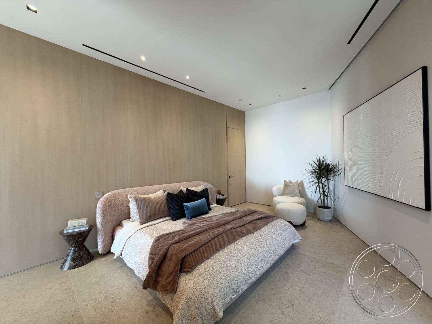 Modern 532 - floor-to-ceiling windows, decorative throw pillows, recessed ceiling lighting, textured plaster wall, indoor plant decoration, marble bedroom flooring, modern accent chair, light wood paneling walls, upholstered bed frame, minimalist artwork, nightstand with decorative object