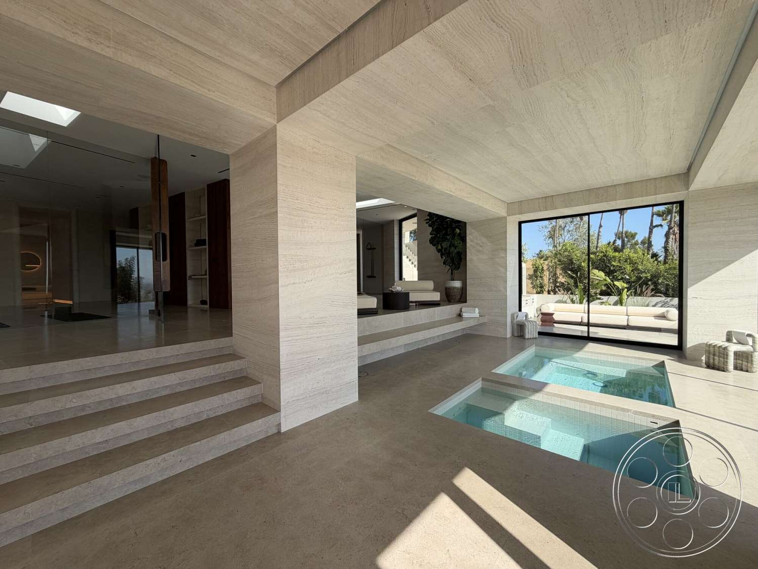 Modern 532 - natural light, minimalist design, open floor plan, plant accents, floor-to-ceiling windows, contemporary architecture, plush seating area, smooth ceiling finish, rectangular plunge pool, limestone flooring, limestone steps