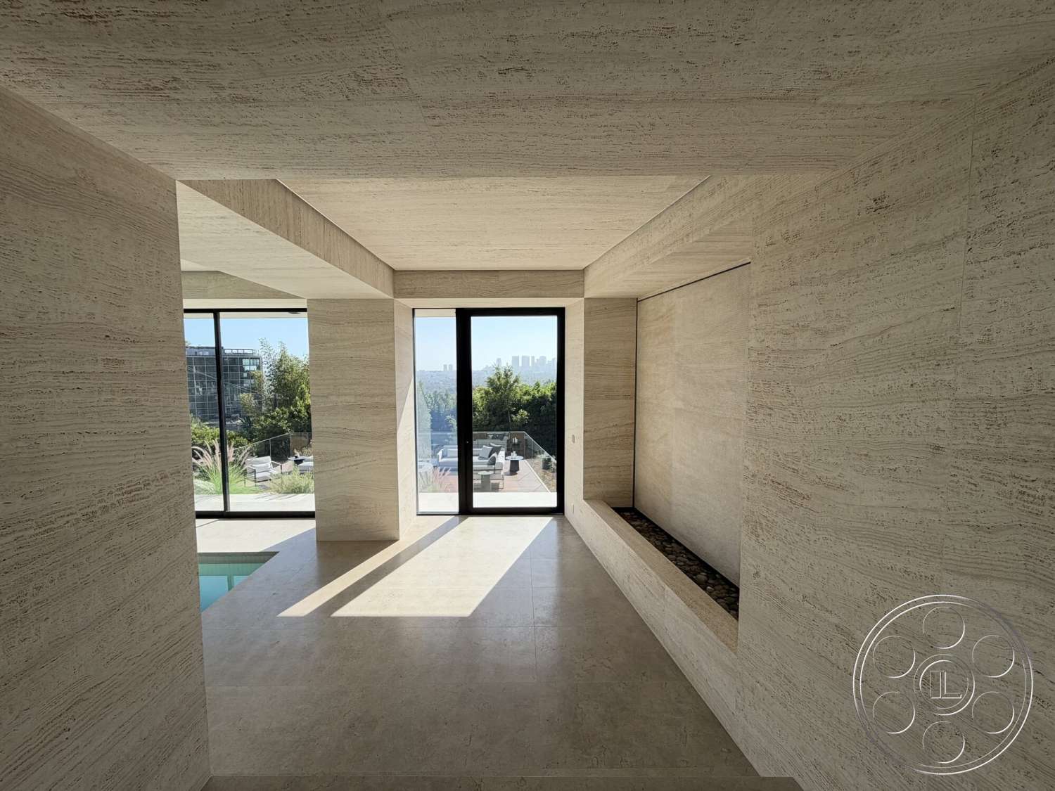 Modern 532 - natural light, floor-to-ceiling windows, open living space, contemporary lighting fixtures, rectangular windows, minimalist architectural style, modern ceiling design, view of outdoor patio, travertine flooring, travertine wall panels, integrated indoor/outdoor space
