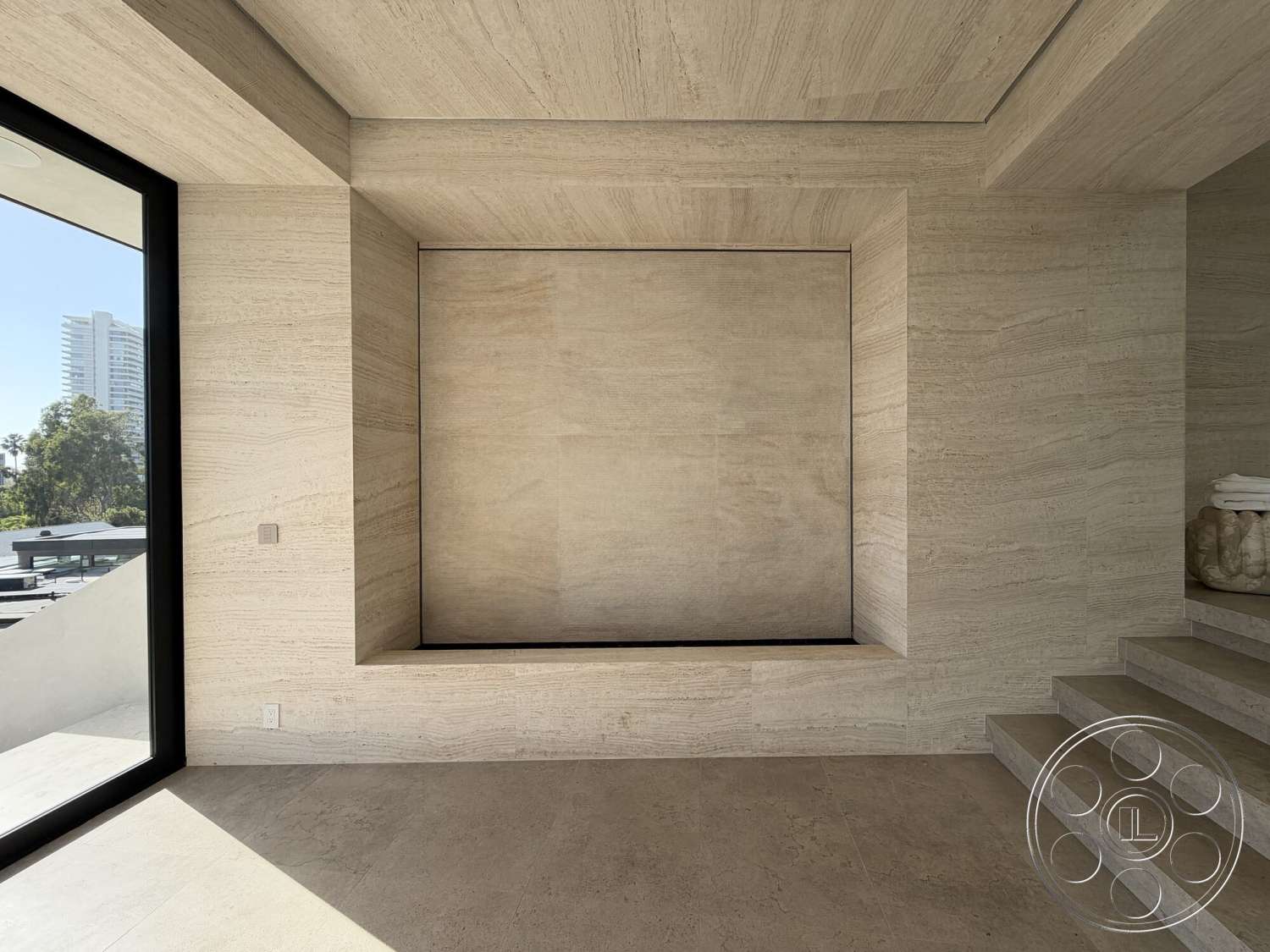 Modern 532 - minimalist design, modern architectural style, textured plaster walls, seamless indoor-outdoor flow, large floor-to-ceiling windows, floating steps, natural stone feature wall, travertine flooring, built-in display niche