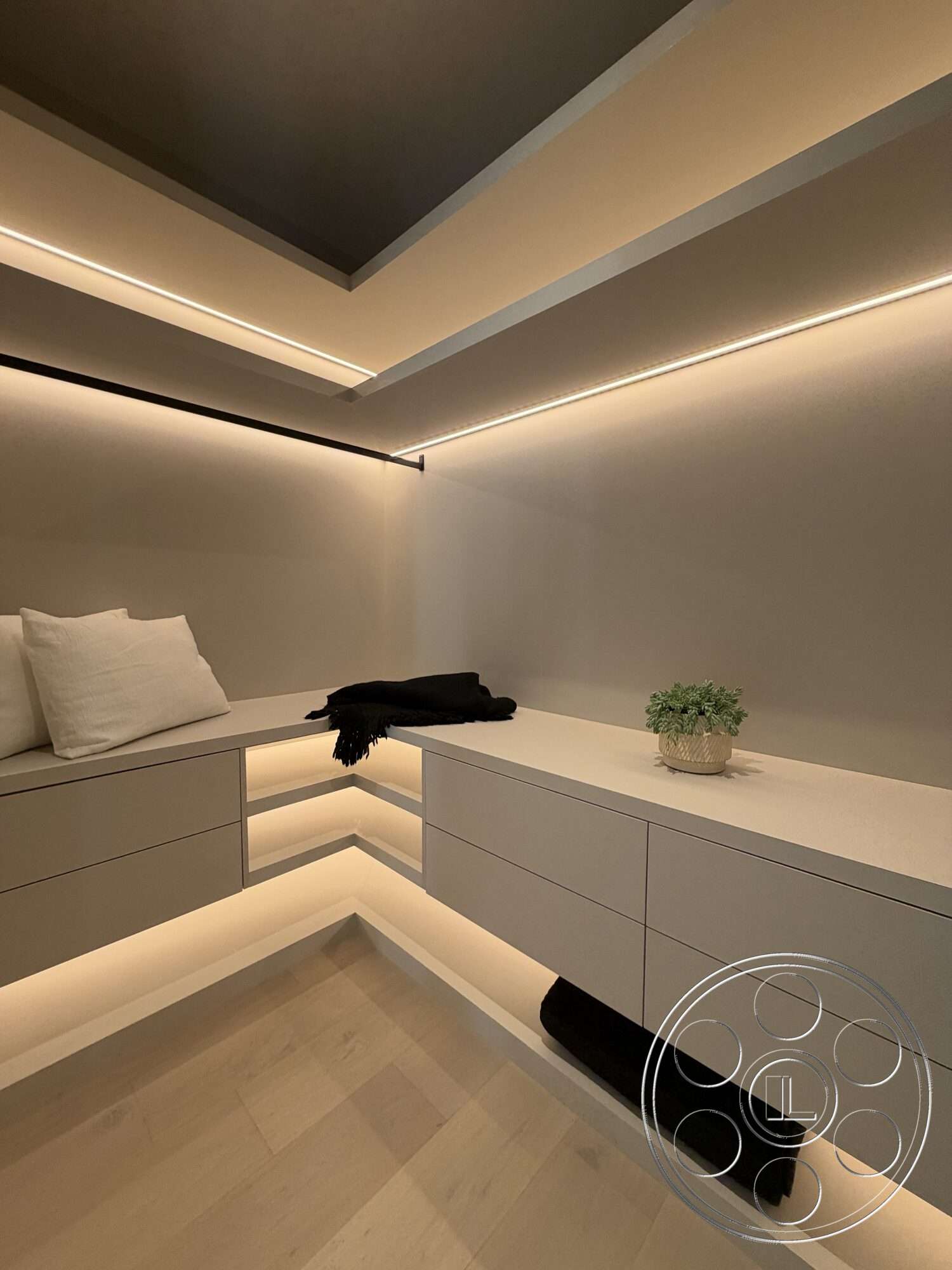 Modern 532 - neutral color palette, recessed lighting, light wood flooring, textured wall finish, modern minimalist decor, built-in storage cabinets, contemporary ceiling design