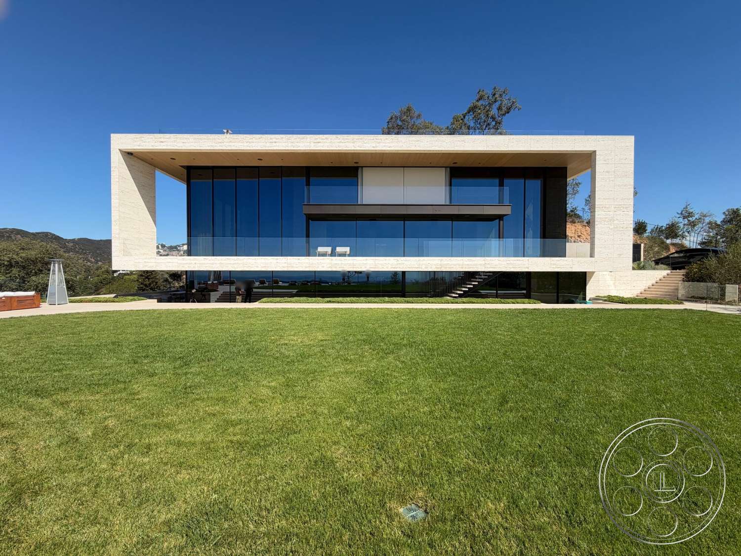 CK Mansion - exterior, flat roof, landscaped yard, modern architectural style, lawn area, mountain view, concrete facade, outdoor steps, steel railings, stucco wall, glass curtain wall, rectangular shape