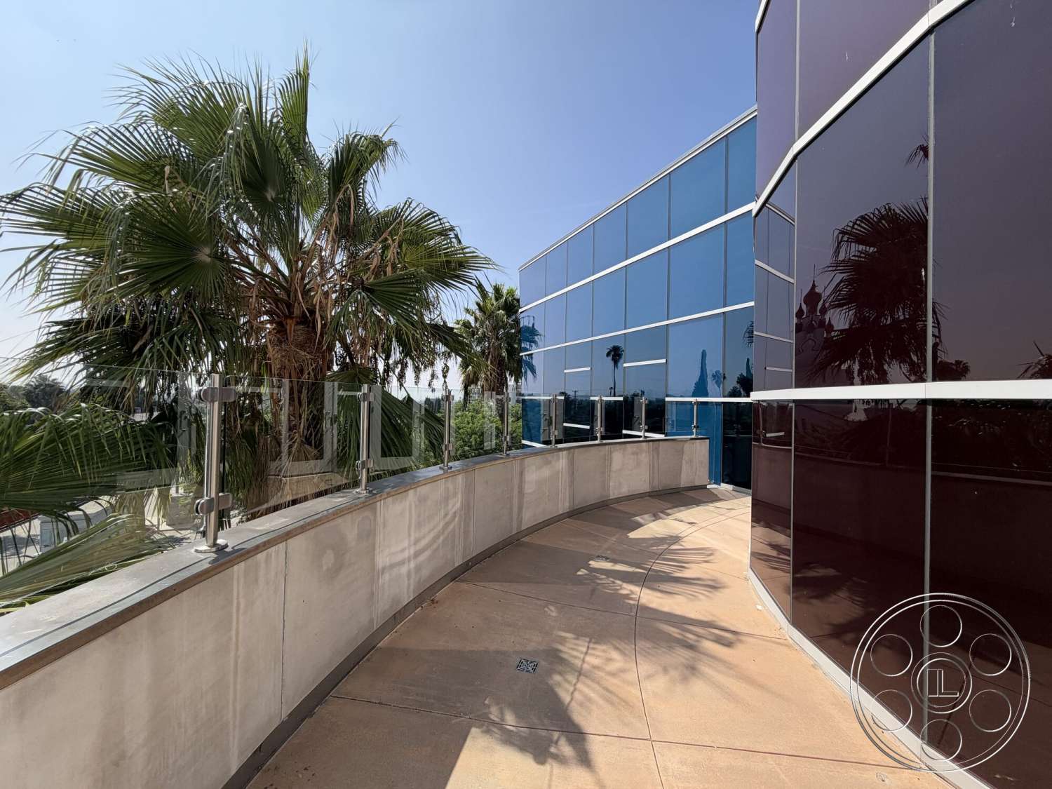 Office 130 - exterior, glass balustrade, landscaped palm trees, curved concrete walkway, polished glass wall panels, textured concrete wall base, sunny urban rooftop setting