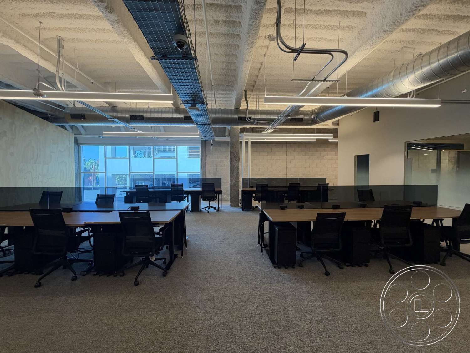 Office 130 - large windows for natural light, exposed concrete walls, carpeted flooring, metal ductwork, ergonomic office chairs, glass partition walls, open floor plan layout, interior office space, drop ceiling with acoustic tiles, LED overhead lighting, wooden conference tables