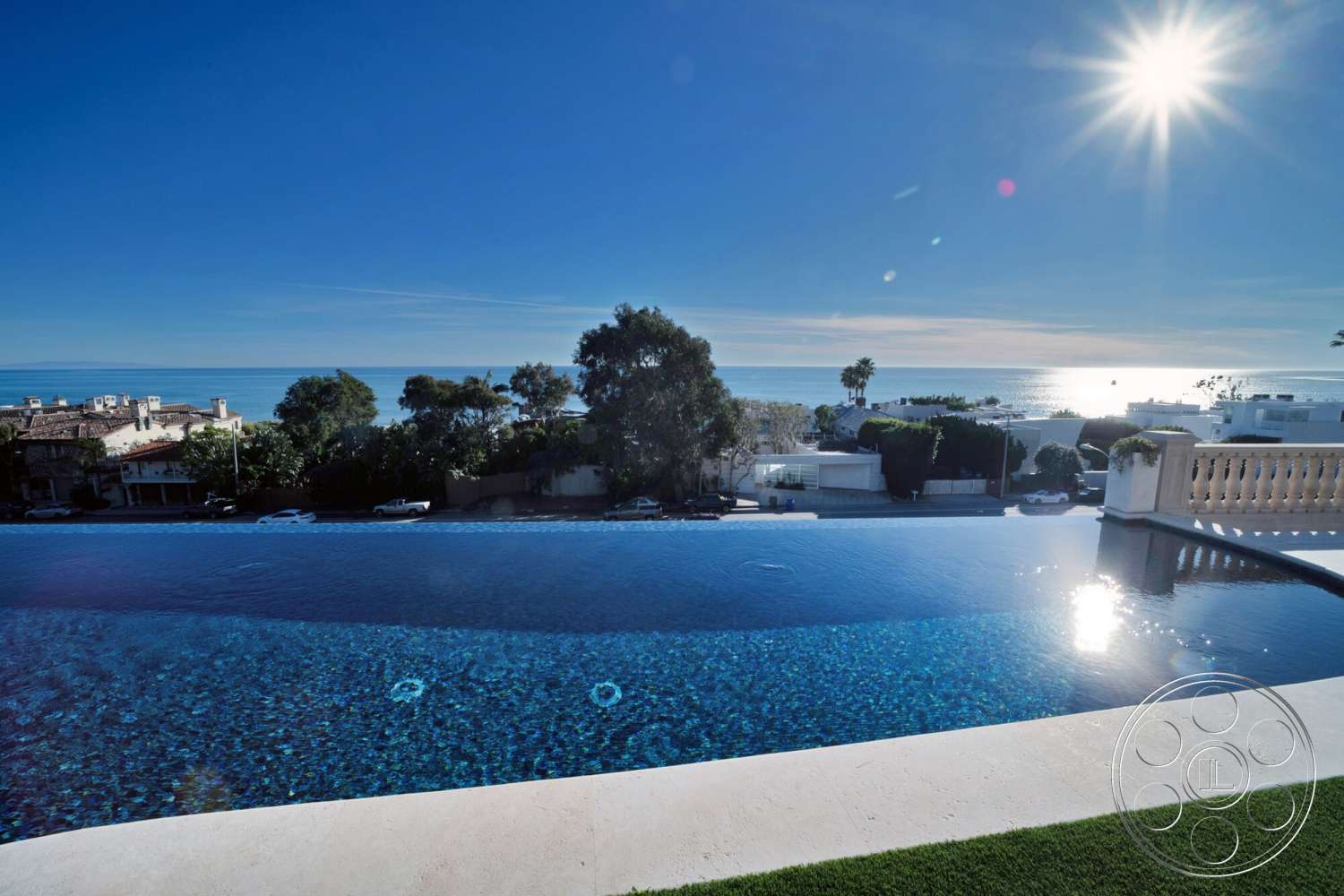 Medit 169 - modern architectural style, infinity pool, residential property, hillside location, sunny exterior, landscaped garden area, concrete pool border, ocean view setting, glass tiles water surface