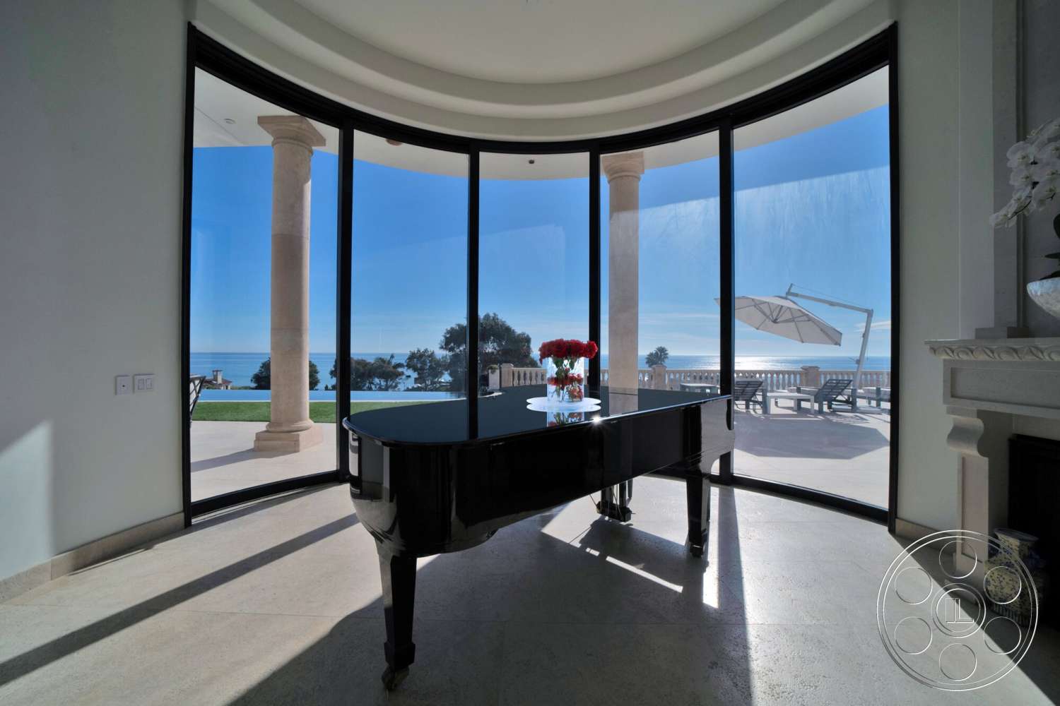 Medit 169 - glass sliding doors, floor-to-ceiling windows, black grand piano, ocean view, landscaped lawn, marble flooring, outdoor patio area, round ceiling, striped columns