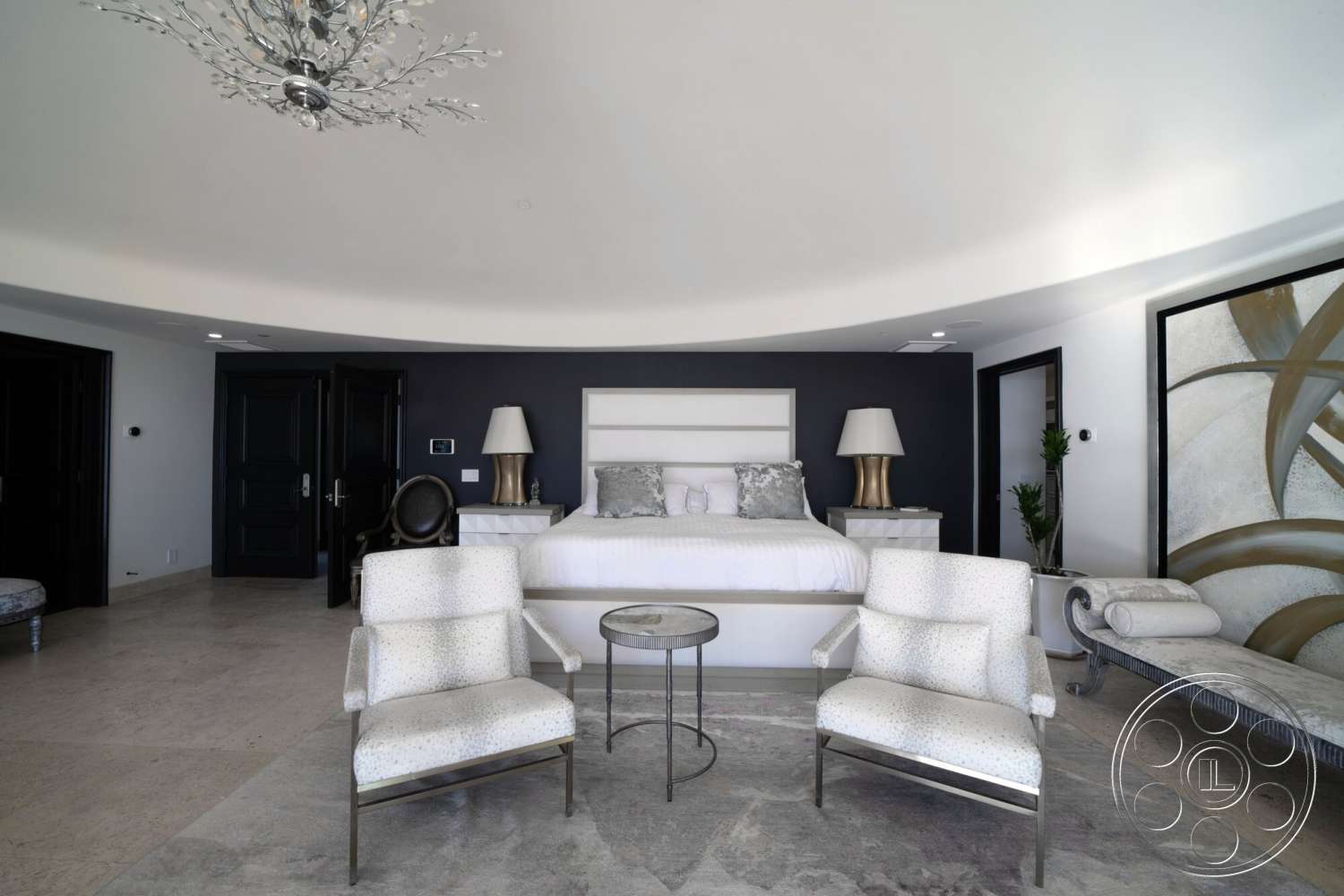 Medit 169 - neutral color palette, glass coffee table, textured throw pillows, framed wall art, polished stone flooring, king-sized bed, dark wood doors, soft lighting fixtures, curved wall design, modern bedside lamps, contemporary bedroom, upholstered accent chairs, round ceiling