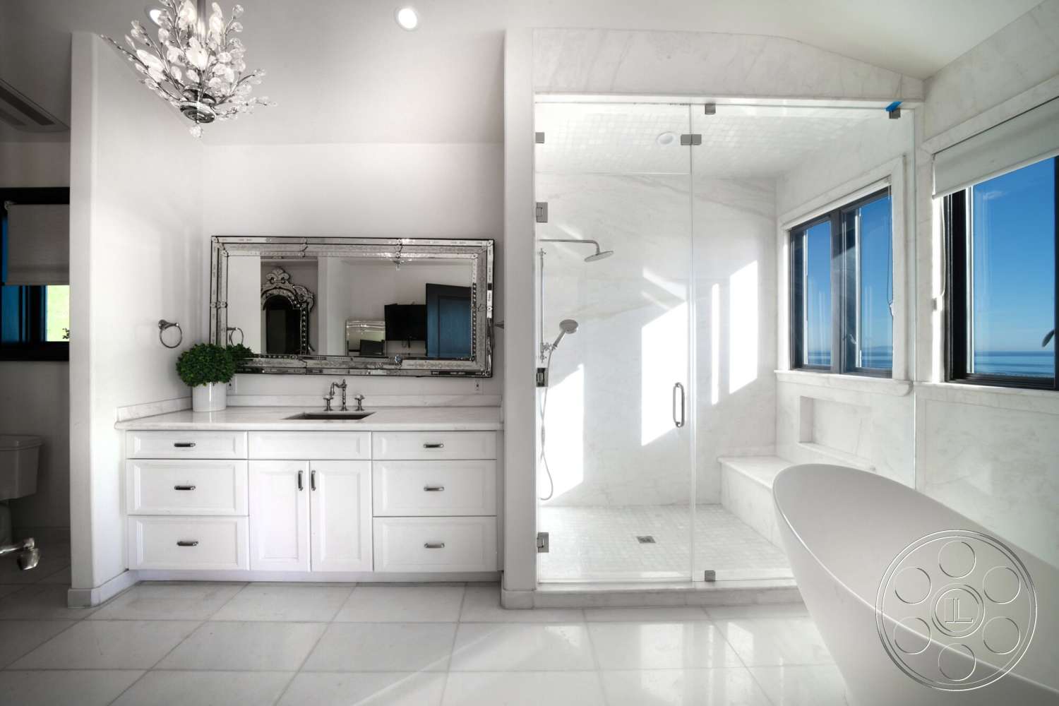 Medit 169 - freestanding bathtub, ceramic tile flooring, floor-to-ceiling windows, glass shower doors, white painted walls, marble shower walls, marble bathroom walls, chrome bathroom fixtures, floating vanity with white cabinets, vanity mirror with ornate frame, bright coastal view