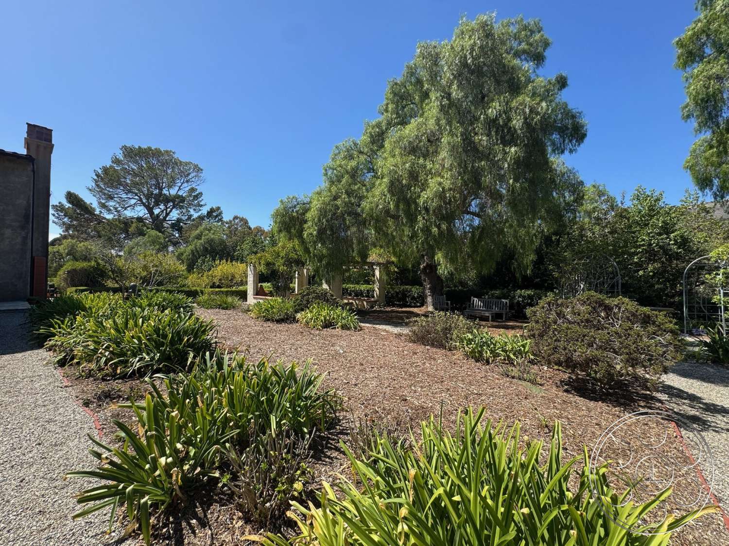 Farmstead Garden - exterior, outdoor seating area, mature trees, gravel pathway, textured plaster wall, landscaped garden beds, wooden garden bench, sunny garden setting, residential garden design, native plant vegetation, chunky mulch ground cover, arched metal trellis