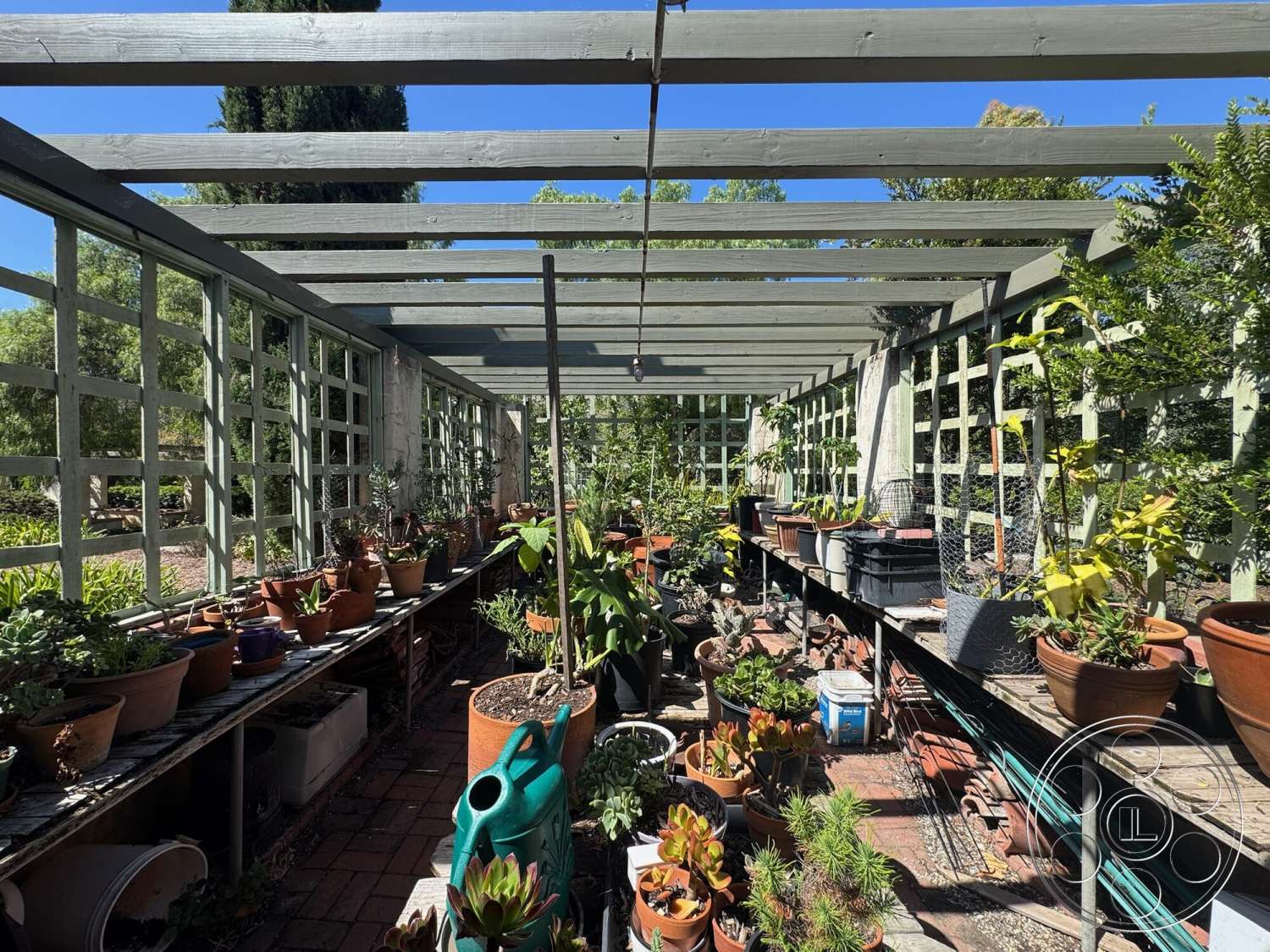 Farmstead Garden - exterior, lush greenery, garden setting, brick patio flooring, wood trellis roof, wooden planter shelves, green wooden lattice walls, terra cotta plant pots, metal plant stand, sunlit greenhouse