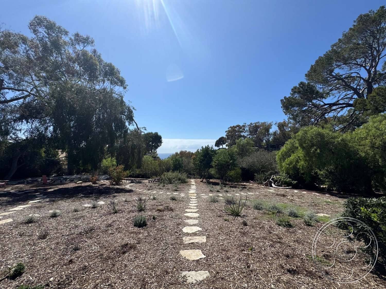 Farmstead Garden - exterior, ocean view, sunlit garden, hillside location, open sky, stepping stone pathway, mulched garden beds, native landscaping, Eucalyptus trees, natural stone pathway pavers, shrubs and low vegetation