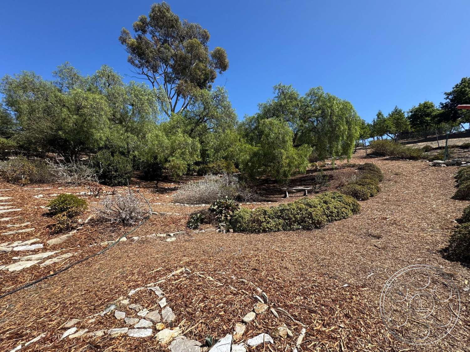 Farmstead Garden - exterior, low-maintenance garden, natural landscape, stone pathway, decorative boulders, native vegetation, landscape trees, sunny outdoor setting, rock accents, perennial shrubs, mulched garden beds, irregularly shaped garden layout
