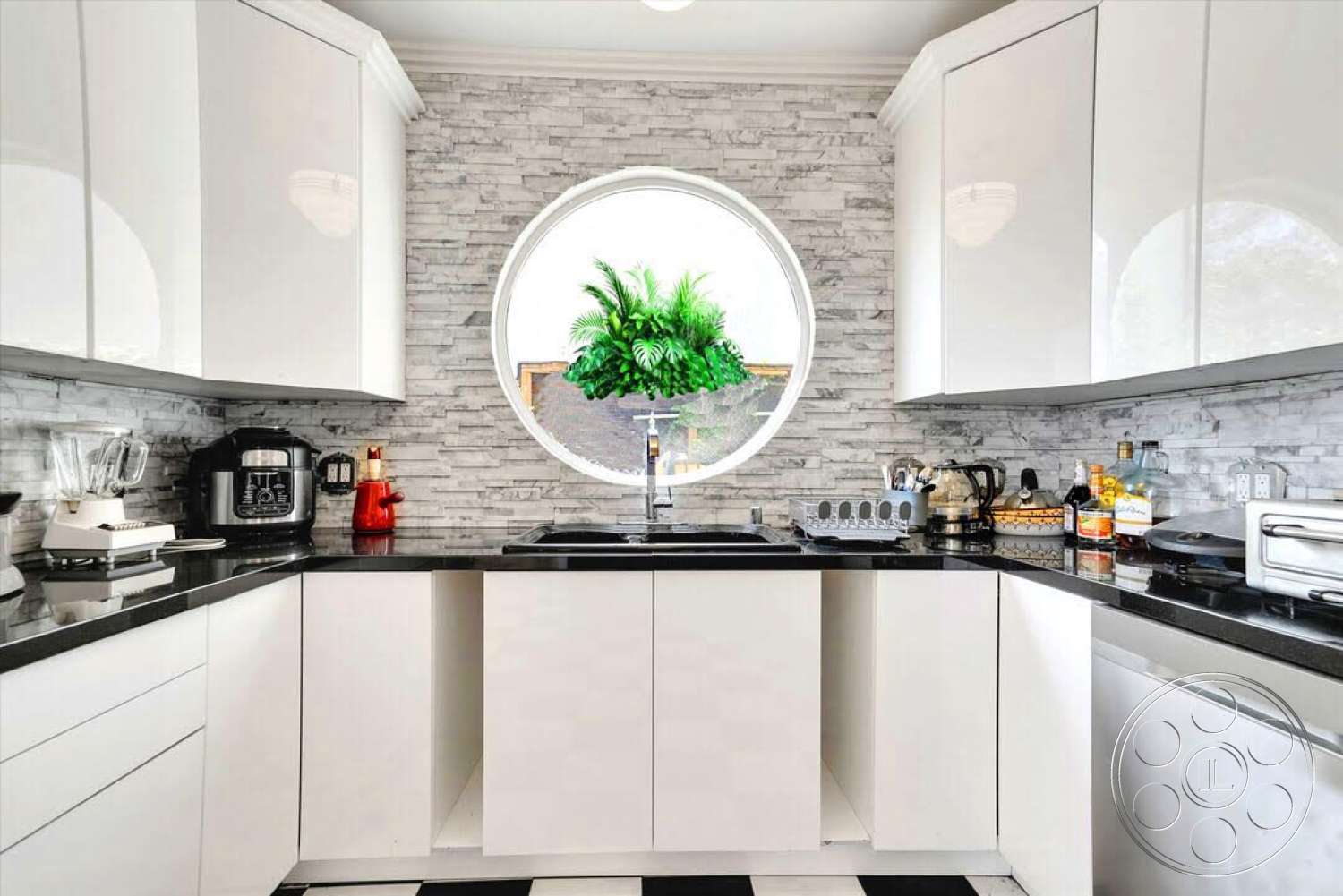 Spanish 170 - modern kitchen appliances, open kitchen layout, black granite kitchen countertops, black and white checkered tile flooring, white high-gloss kitchen cabinets, stacked stone backsplash, round window with garden view