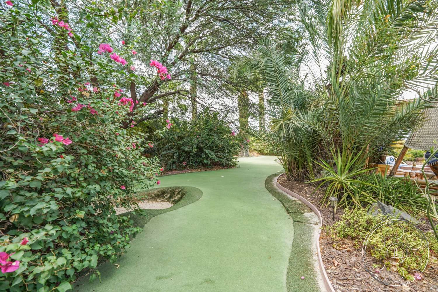 Rancho Mirage 4 - exterior, palm trees, curved pathway, mixed shrubbery, natural garden setting, landscaped garden path, lush tropical foliage, flowering bougainvillea plants, decorative stone edging, green rubberized pathway