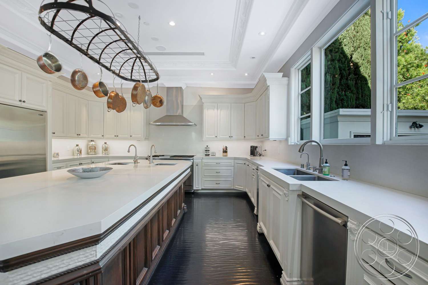 Medit 170 - coffered ceiling, stainless steel appliances, open shelving, white cabinetry, marble countertop, glass pendant lighting, double basin sink, polished black flooring, interior kitchen, large windows with views, detailed crown molding, dark wood kitchen island, geometric hood vent