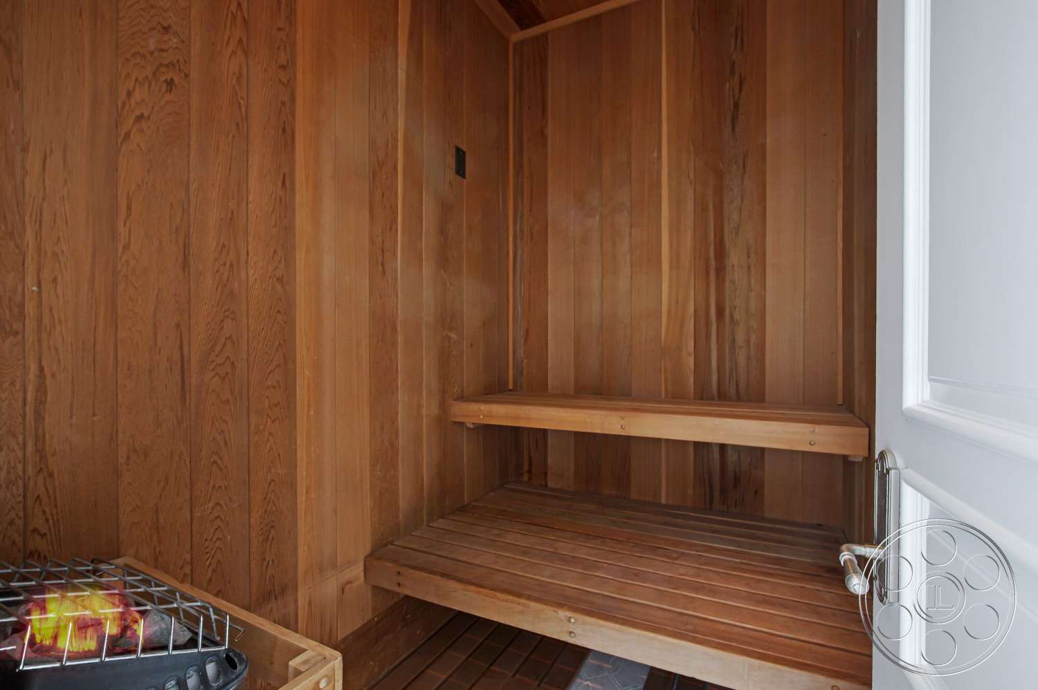 Medit 170 - interior compact space design, interior wood paneling walls, interior tiled flooring, interior hardwood bench seating, interior wood slat ceiling, interior sauna environment, interior door with metal handle