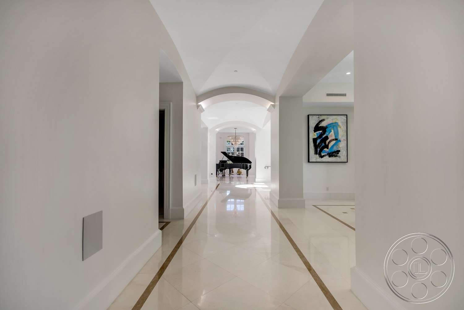 Medit 171 - neutral color palette, decorative art piece, polished marble flooring, arched ceiling, interior hallway, white painted walls, built-in lighting fixtures, dark wood grand piano