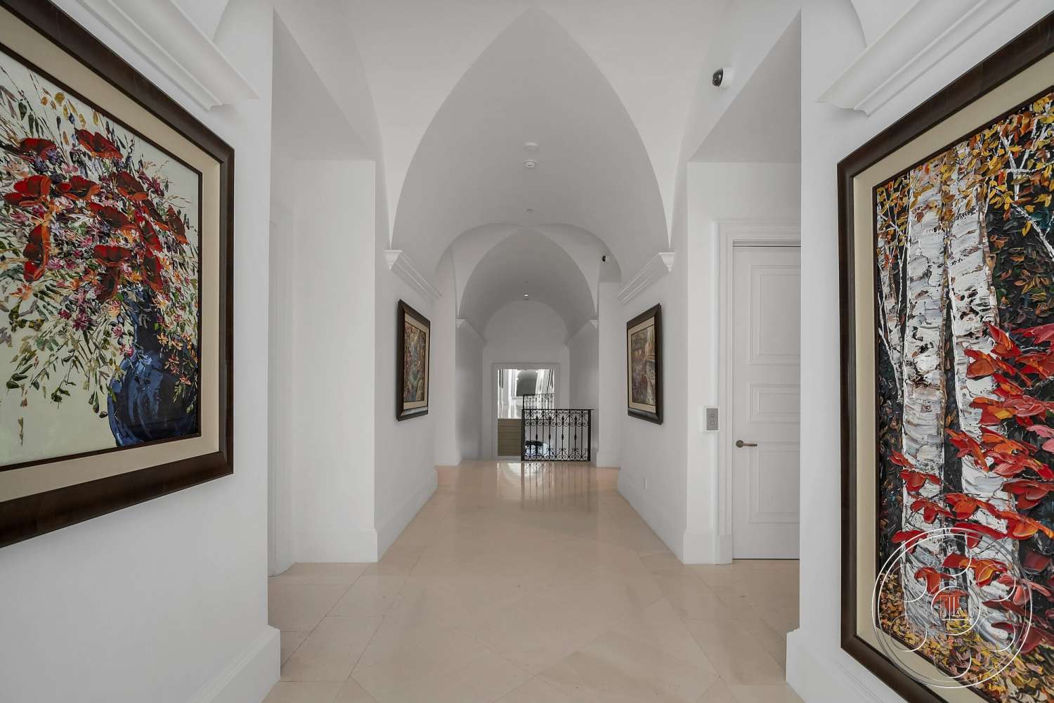 Medit 171 - wood railing, decorative crown molding, polished marble flooring, white painted walls, modern door design, arched hallway ceiling, framed artwork displays