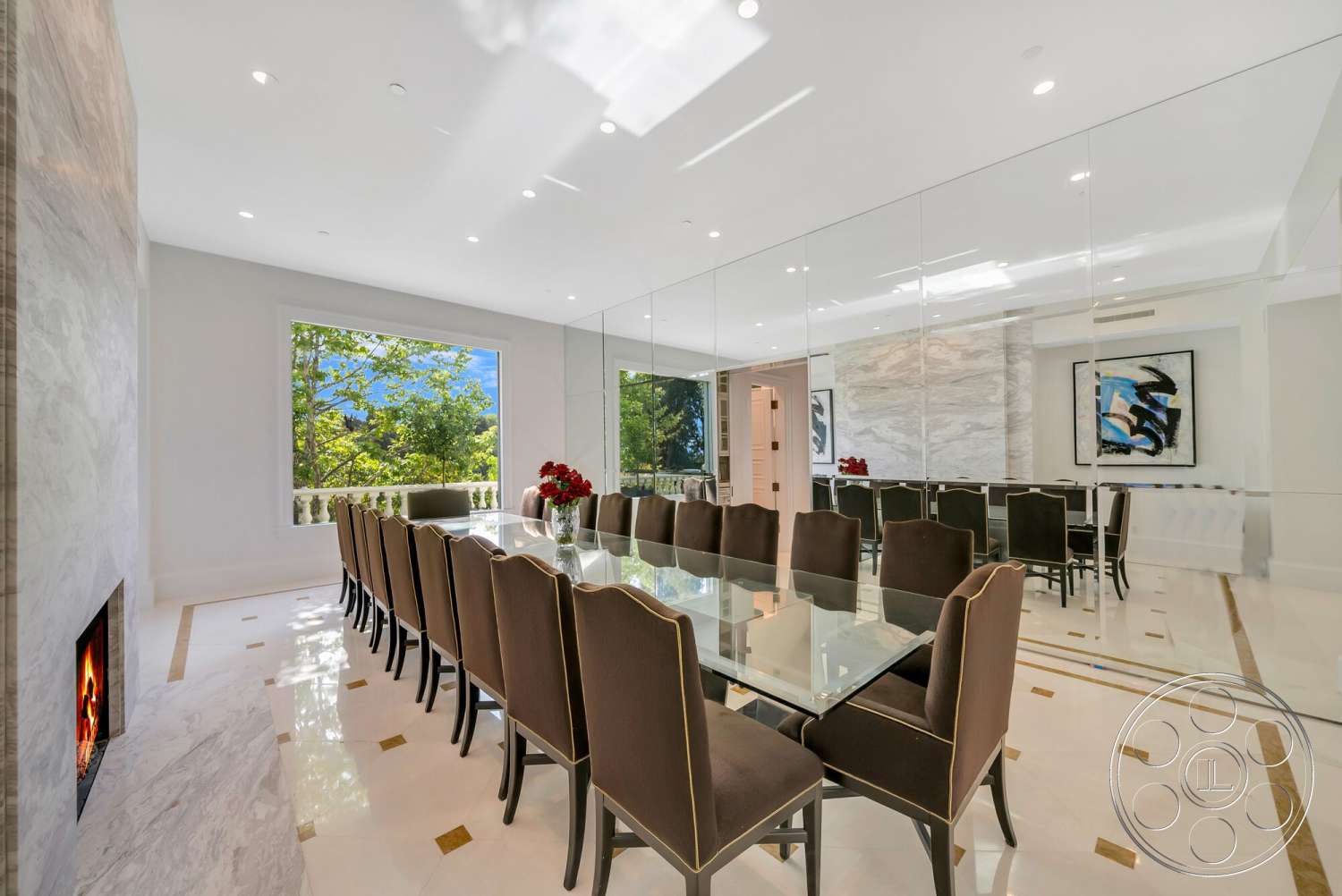 Medit 171 - abstract wall art, floor-to-ceiling windows, textured plaster walls, white marble flooring, interior dining room, minimalist chandelier lighting, contemporary dining table, mirrored wall treatment, modern fireplace with marble surround, dark upholstered dining chairs, gold accent inlays on flooring