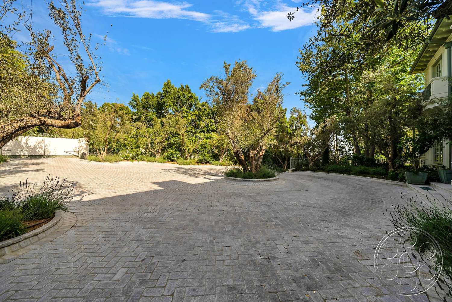Medit 171 - outdoor space, bushes and shrubs, clear blue sky, landscaped garden area, mature olive trees, rectangular paver stones, paved circular driveway, exterior garden perimeter