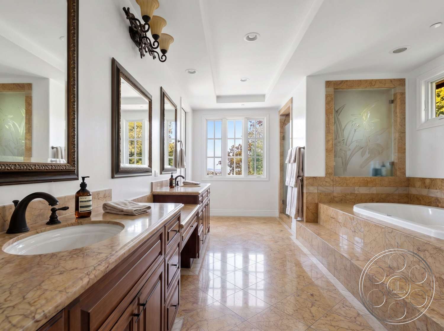 Medit 172 - exterior, textured wall treatment, chrome faucets, large window with view, white painted walls, marble bathroom flooring, traditional chandelier lighting, framed wall mirrors, marble bathtub surround, wood bathroom vanities, glass shower wall, dual sink top
