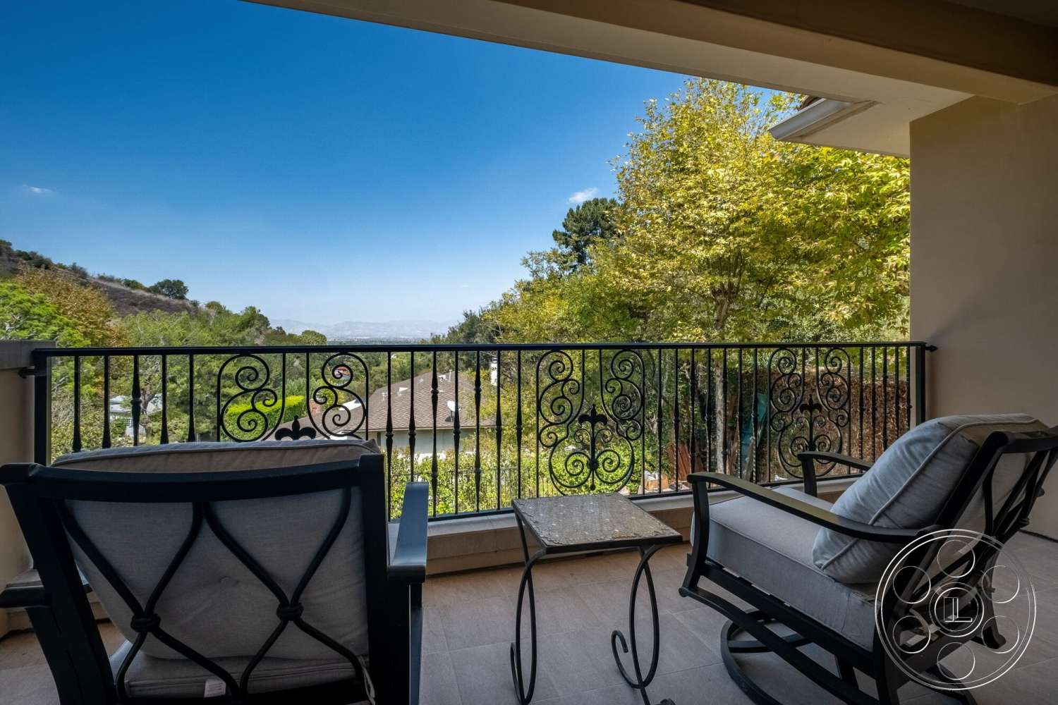 Medit 172 - scenic hillside view, contemporary outdoor seating, exterior balcony, metal balcony railing, sunny daytime setting, tile balcony flooring, natural greenery landscape