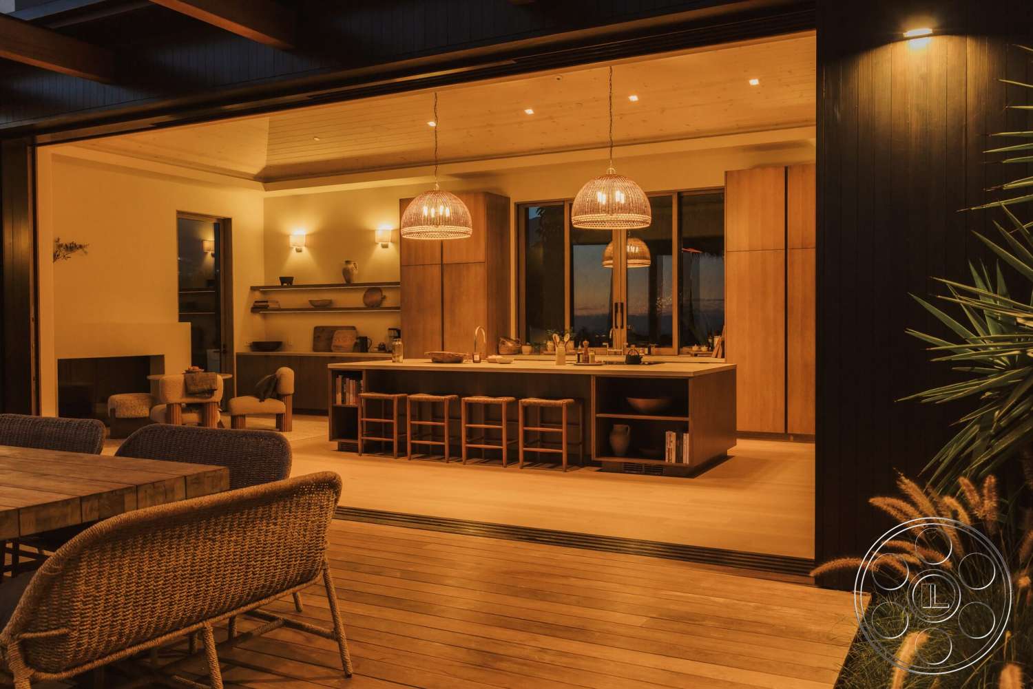 Modern 533 - minimalist decor, wood flooring, contemporary design, plant decor, natural wood accents, wood cabinetry, exposed wooden beams, textured wall panels, modern kitchen island, glass pendant lighting, large sliding glass doors, open concept kitchen, woven patio dining chairs, decorative wall shelving