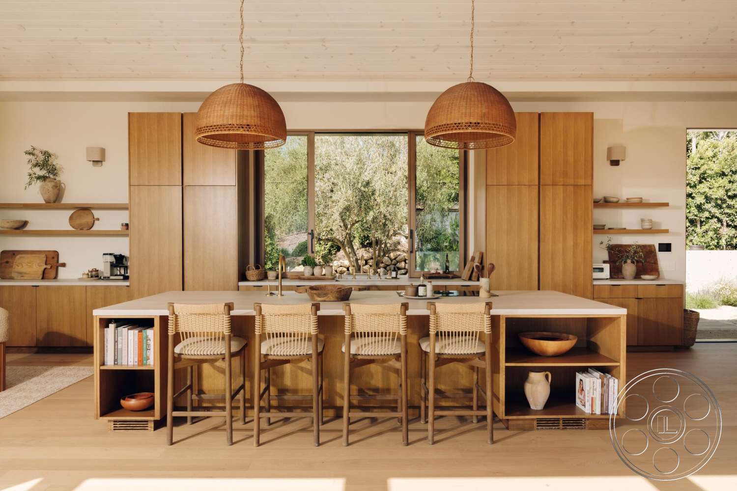 Modern 533 - minimalist decor, neutral color palette, natural light, contemporary design, light hardwood flooring, functional layout, open shelving, cozy seating area, garden view, floor-to-ceiling windows, textured wall surfaces, white marble countertop, woven pendant light, modern kitchen island, walnut cabinetry, interior kitchen