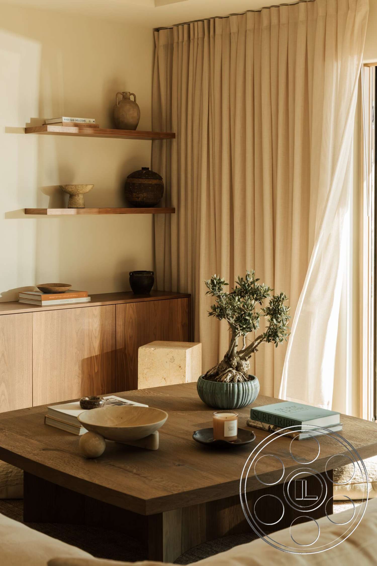 Modern 533 - minimalist decor, neutral color palette, wooden coffee table, living room space, textured fabric curtains, decorative ceramic vases, succulent plant arrangement, open wooden shelving, natural wood cabinet, ceramic plant pot, beige floor-to-ceiling curtains, stone accent piece