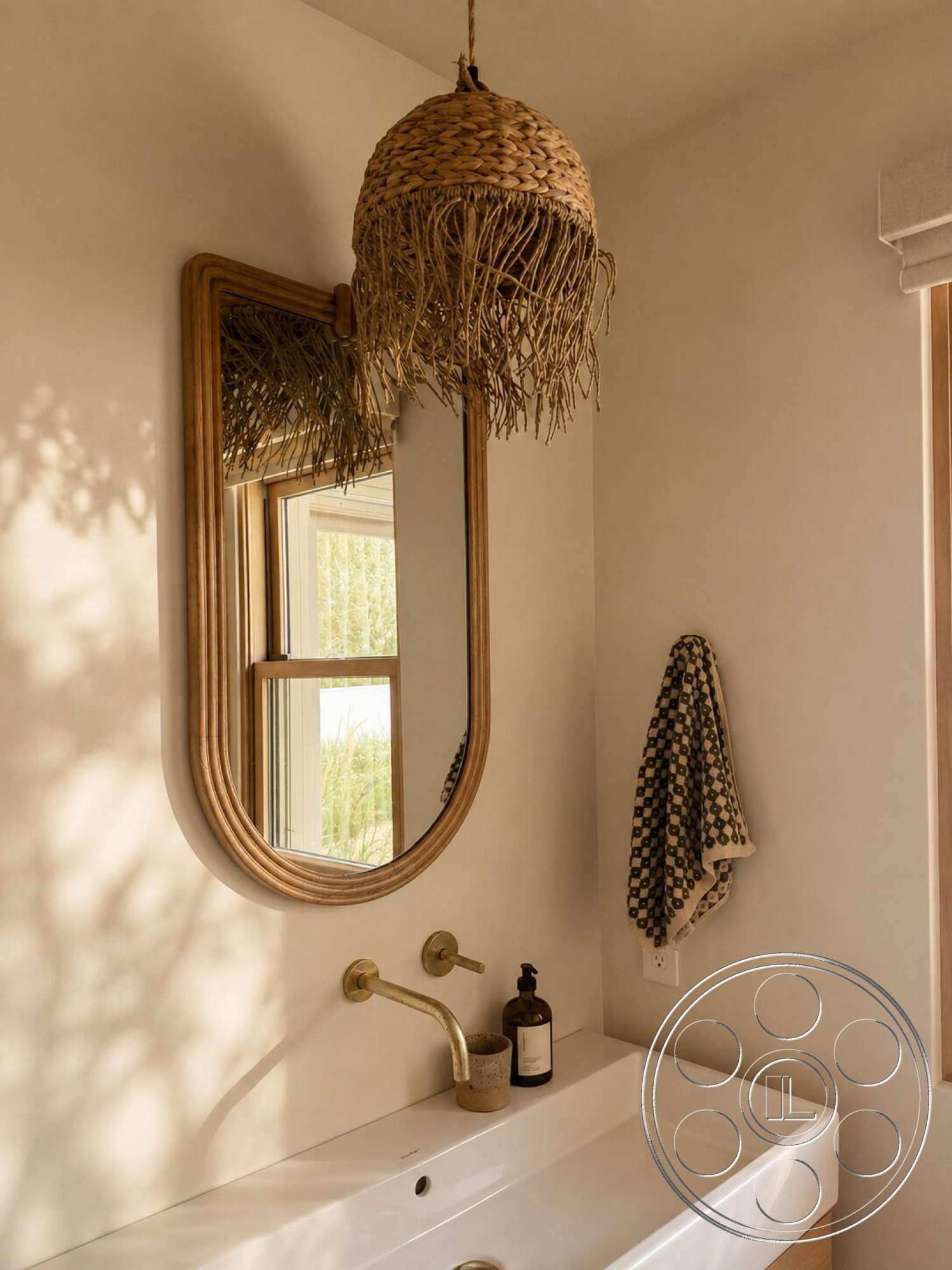 Modern 533 - neutral color palette, light wood cabinetry, window with natural light, textured plaster walls, woven pendant light fixture, interior bathroom, natural wood-framed mirror, golden brass faucet, white composite sink, hanging decorative towel